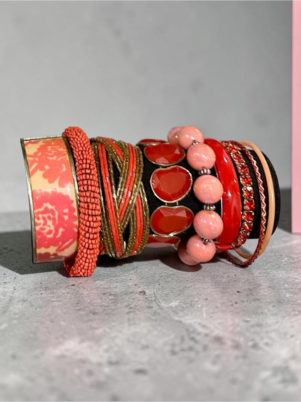 Boho Beaded Stackable Bracelet Set Red Coral Pink Floral Cuff Bangle Lot - Picture 3 of 8